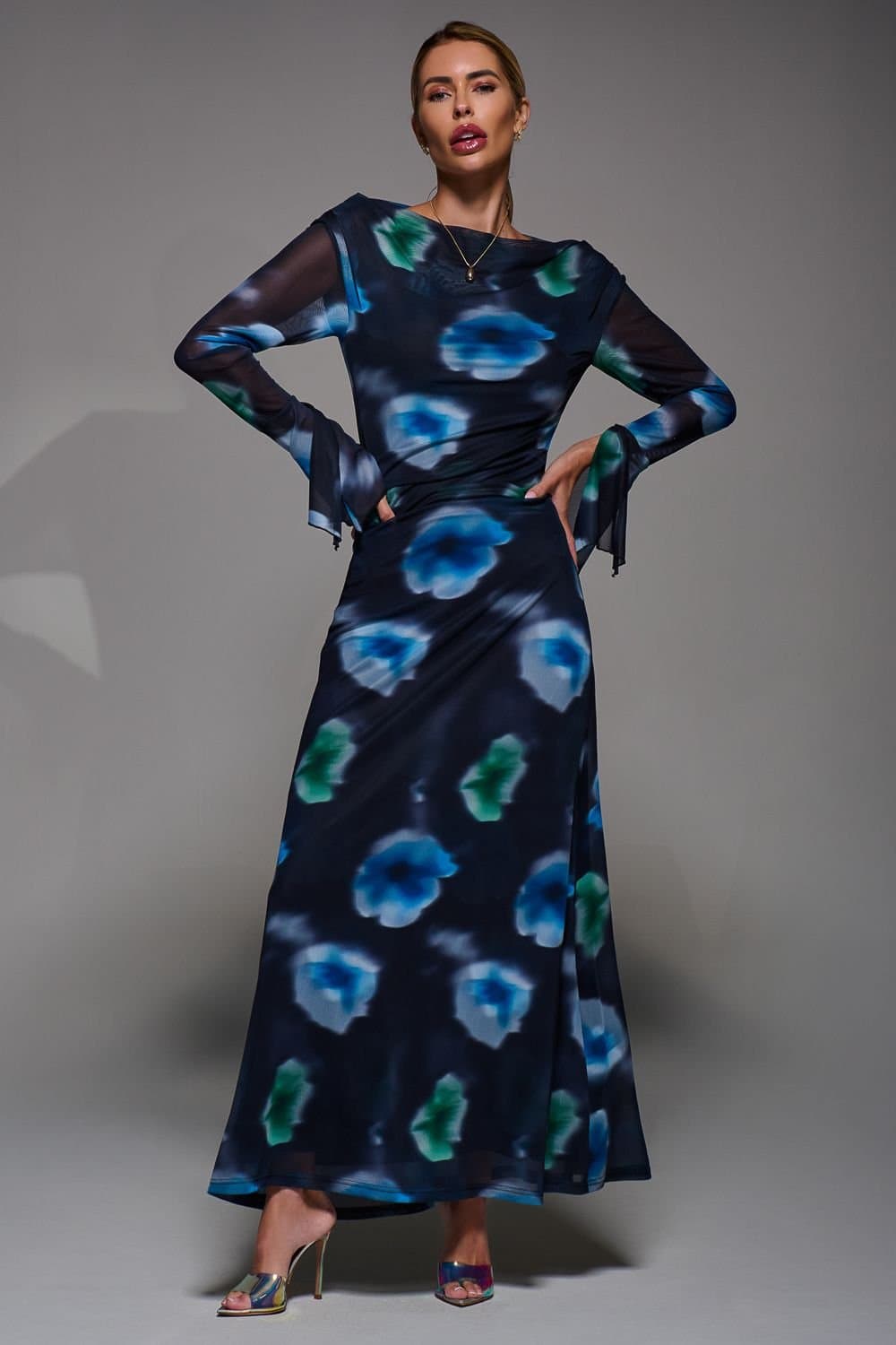 Jolie Moi Jolie Moi Women's Long Sleeve Slash Neck Maxi Dress in Dark Navy