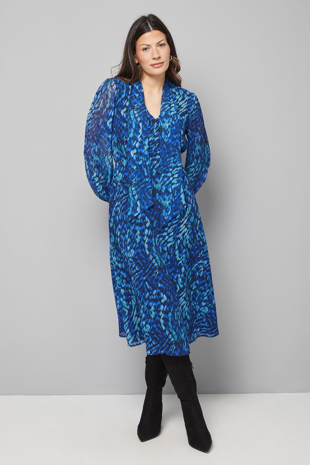 Wallis Wallis Women's Blue Abstract Woven Tie Neck Midi Dress