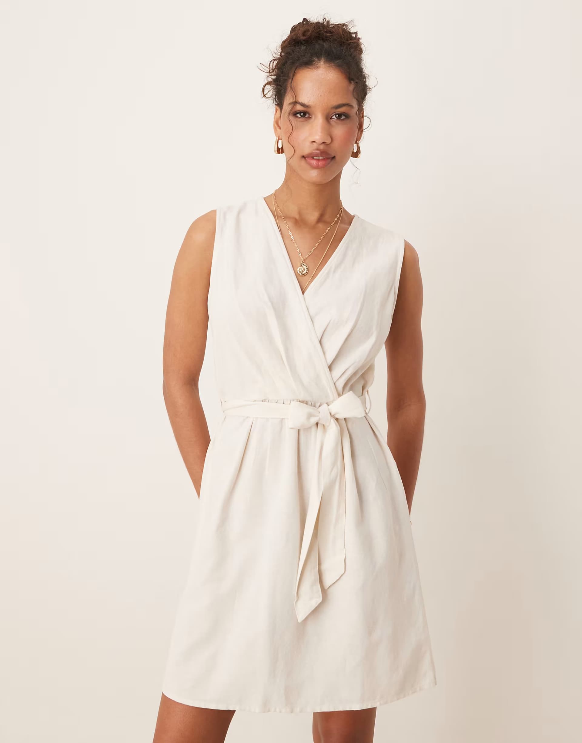 ASOS Vila linen blend wrap front mini dress with tie belt in oatmeal