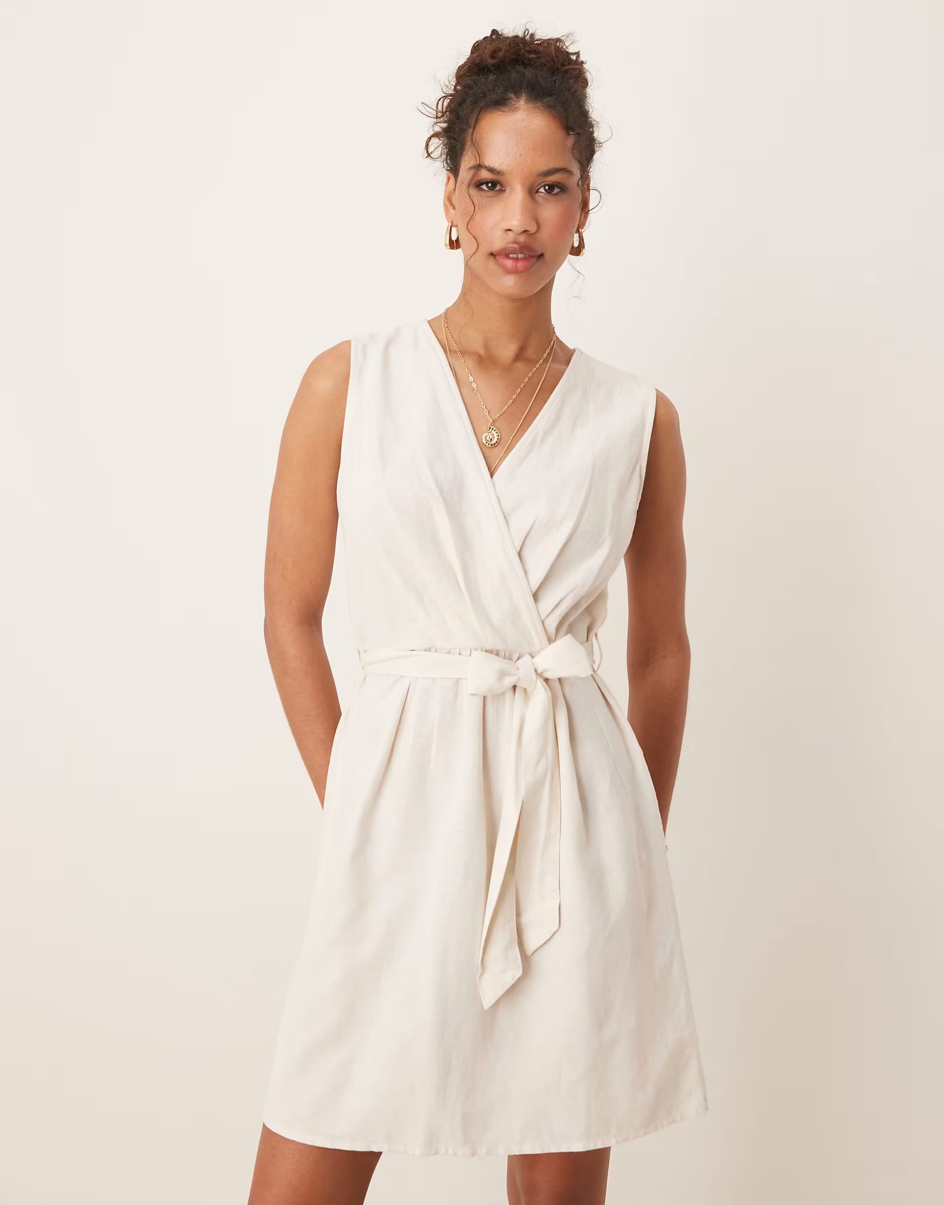 Vila Linen Blend Wrap Front Mini Dress in Oatmeal