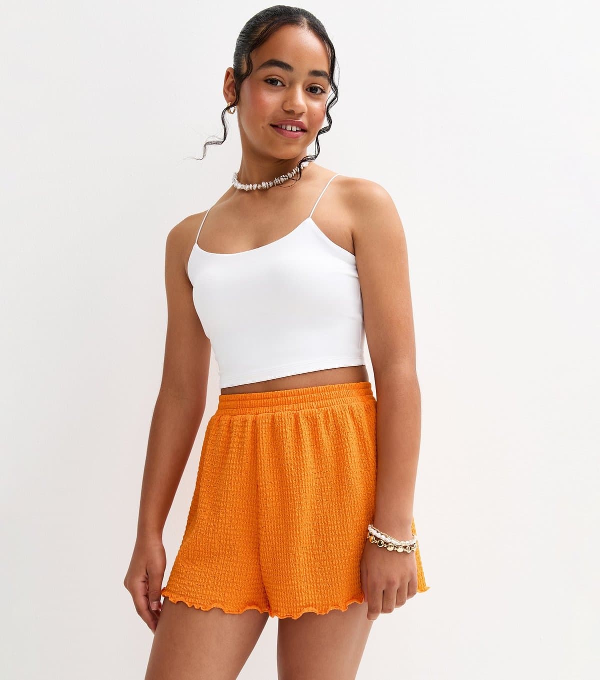 New Look Girls' Light Coral Crinkle Texture Lettuce Trim Shorts New Look