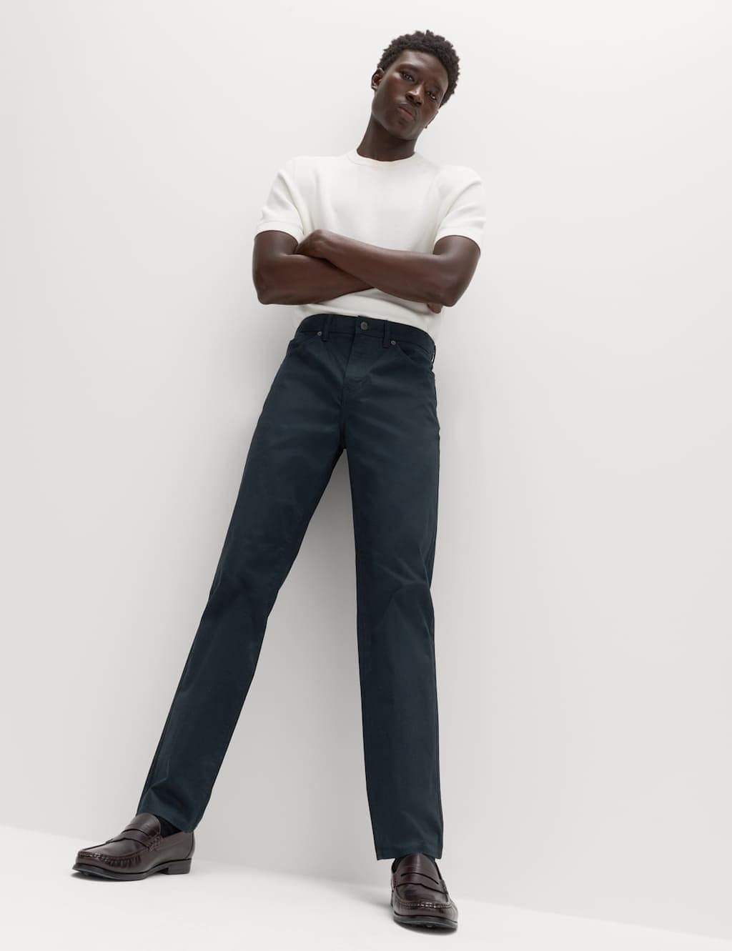 Marks & Spencer M&S Navy Textured Straight Fit Trousers