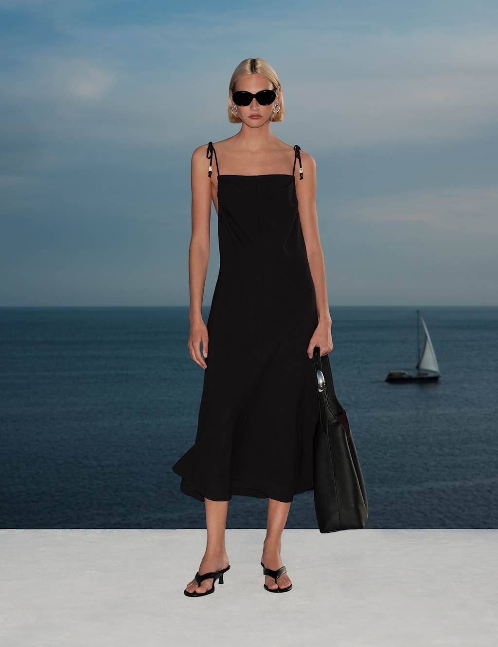 M&S Black Beaded Square Neck Strappy Midi Column Dress