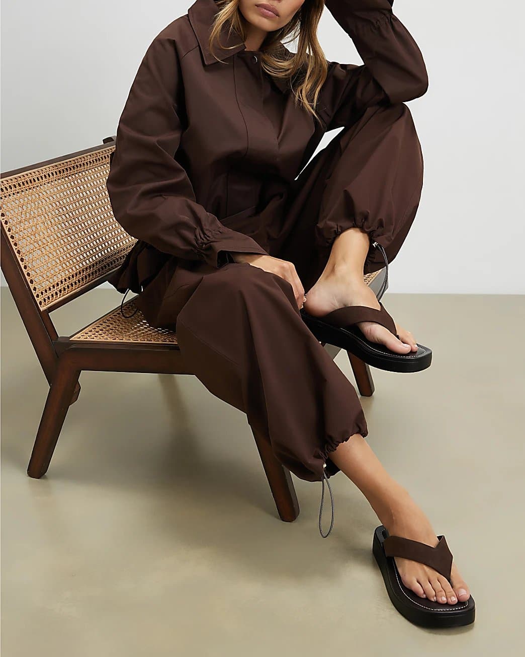 River Island River Island Womens Brown Leather Flatform Toe Thong Sandals