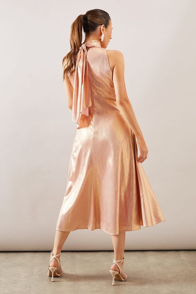 Wallis Wallis Women's Occasion Metallic Tie Neck Midi Dress in Rose Gold - 3