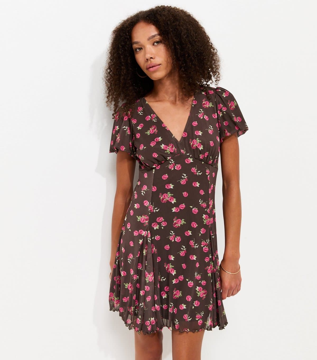 New Look Women's Brown Floral Print V-Neck Mesh Mini Dress New Look