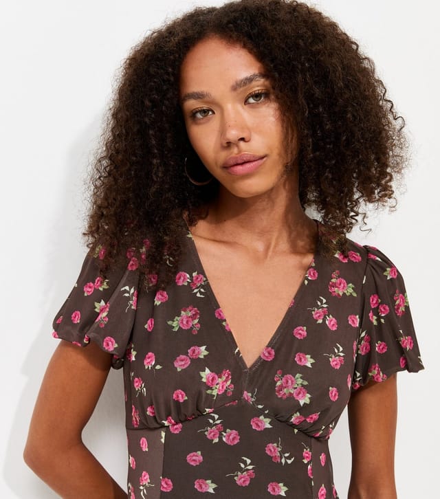 New Look Women's Brown Floral Print V-Neck Mesh Mini Dress New Look - 2