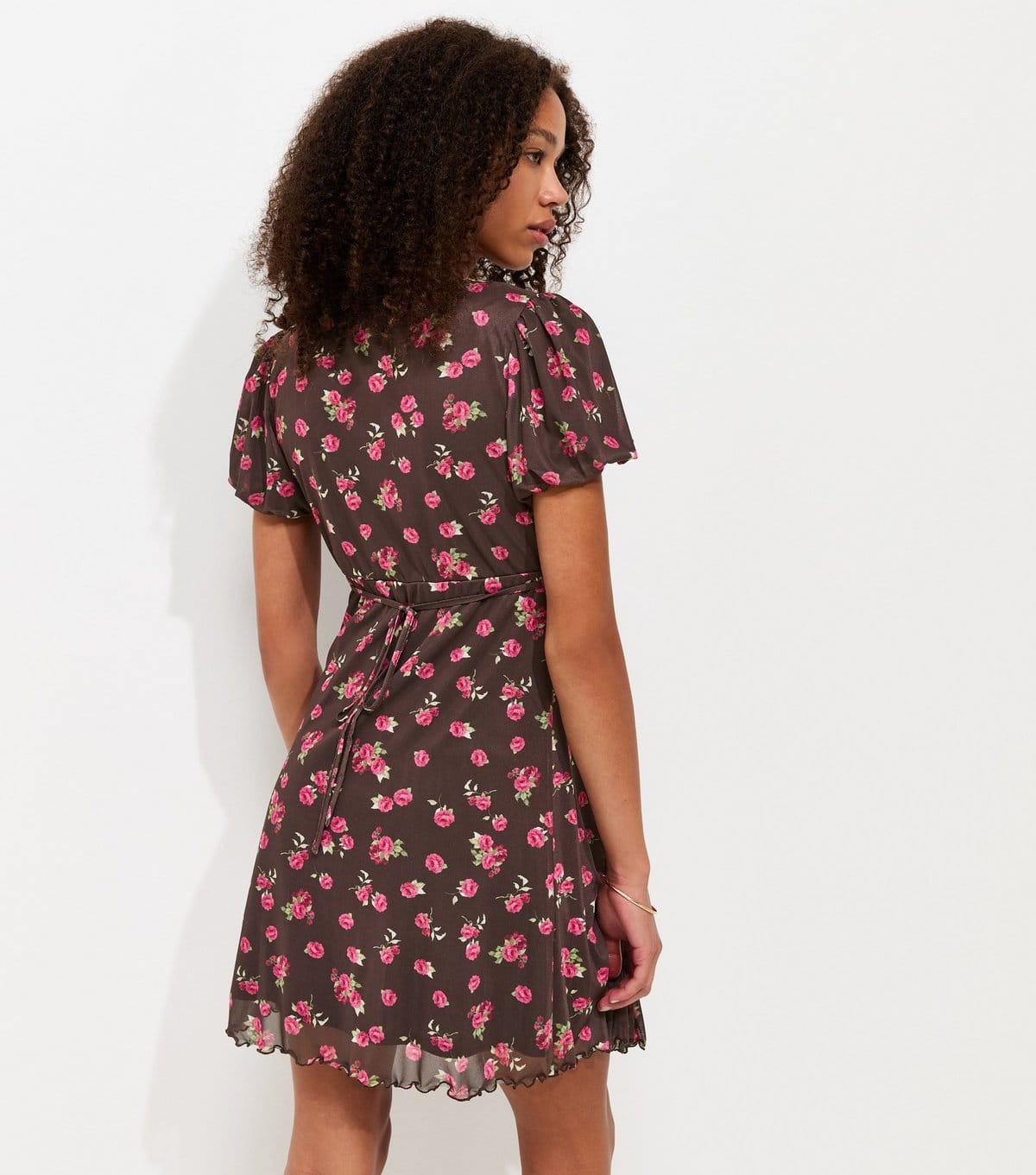 New Look Women's Brown Floral Print V-Neck Mesh Mini Dress New Look - 4