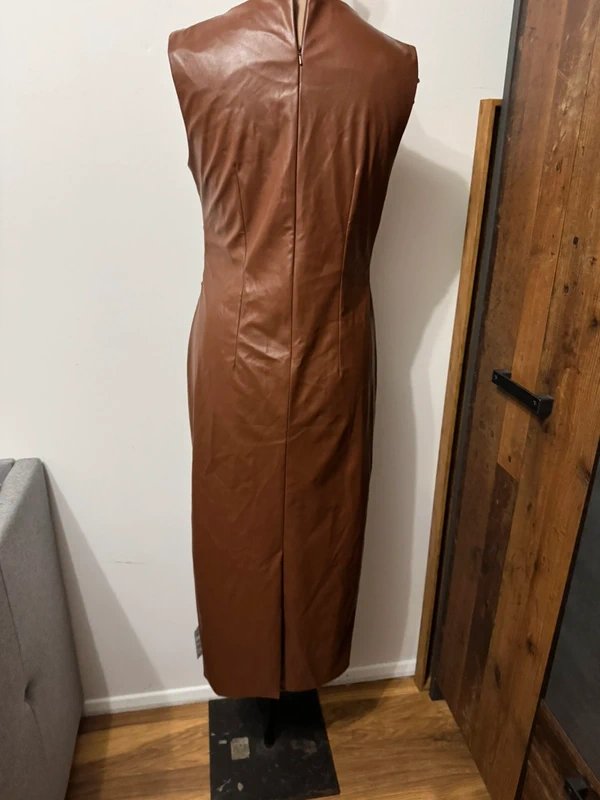 ASOS Design sleeveless ruched leather look midi dress in tan - BROWN faux pu size 10 - 1