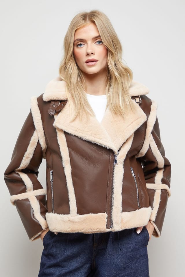 Oasis Oasis Women's Shearling PU Aviator Jacket in Chocolate - 2