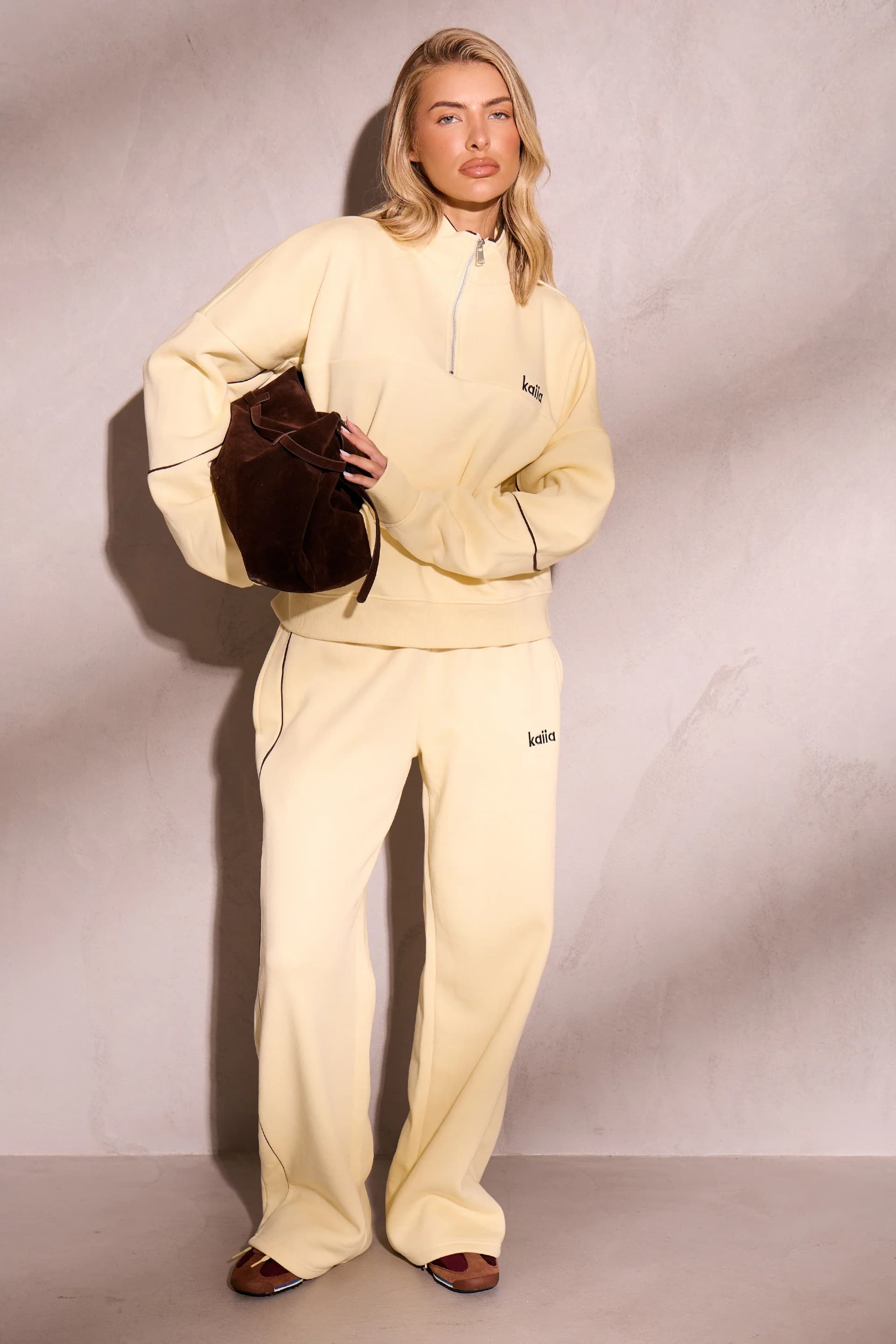 Kaiia Kaiia Contrast Piping Wide Leg Joggers Lemon & Brown