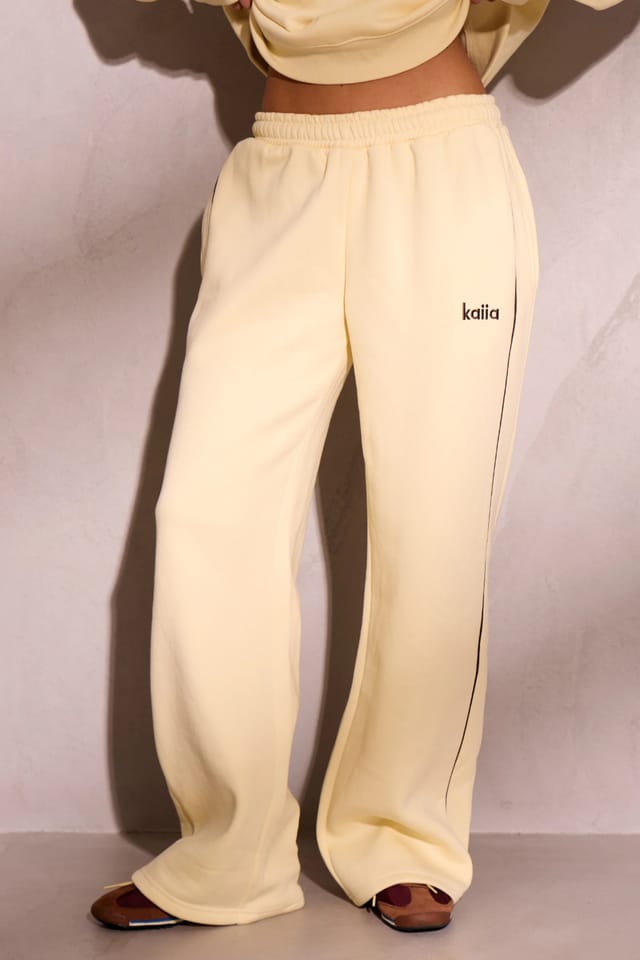 Kaiia Kaiia Contrast Piping Wide Leg Joggers Lemon & Brown - 3