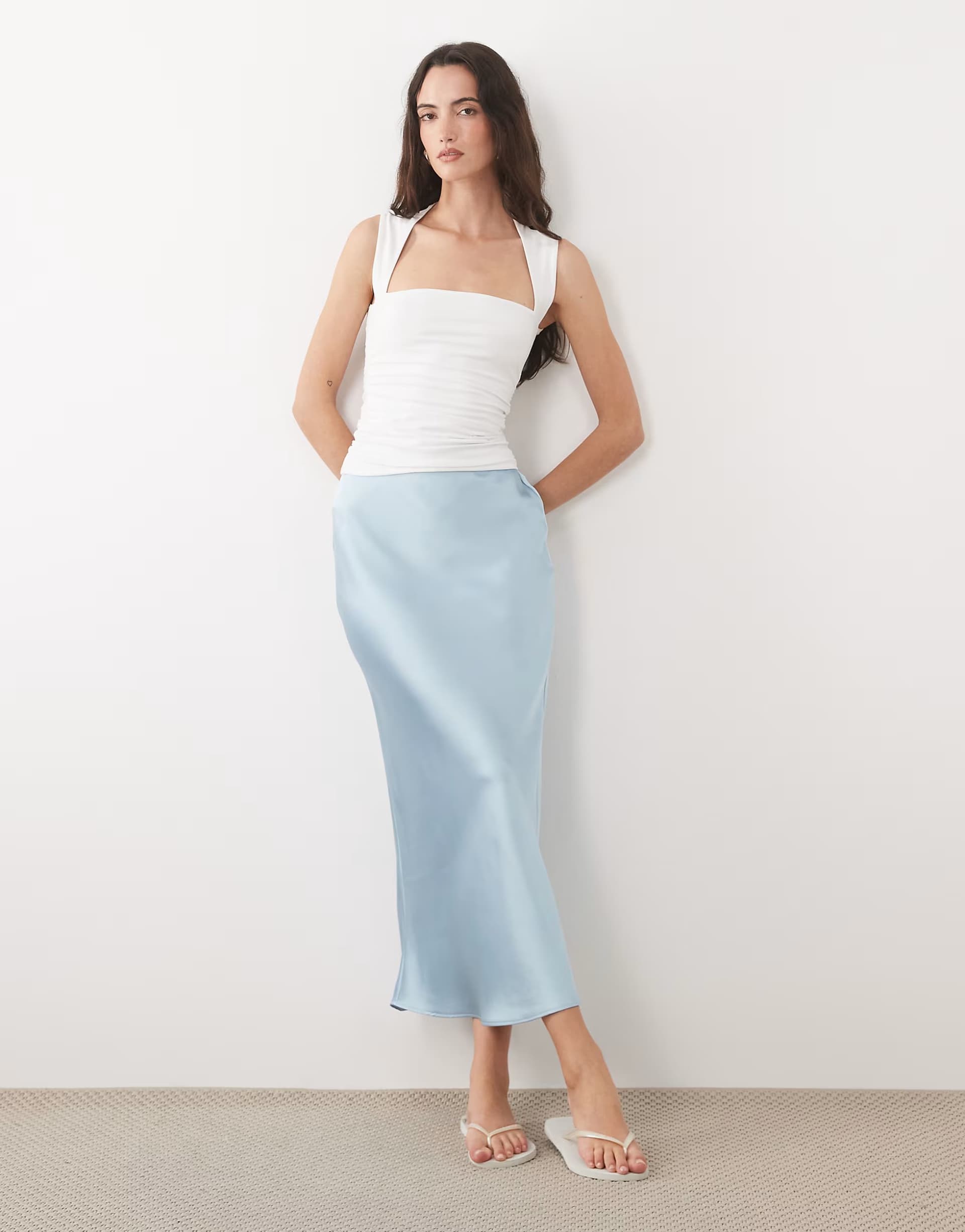 ASOS New Look satin bias midi skirt in light blue