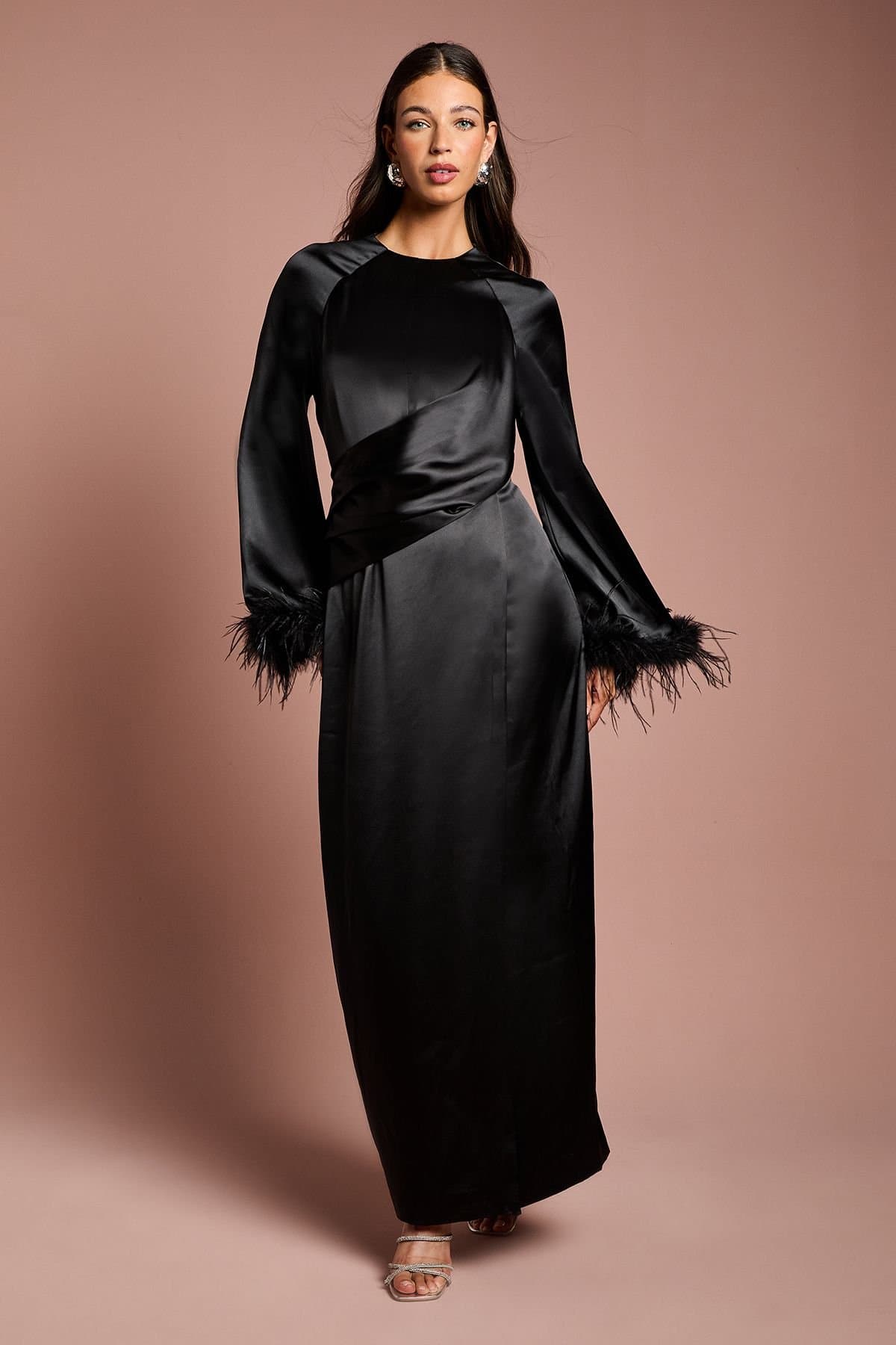 Coast Coast Women's Feather Trim Satin Maxi Dress in Black