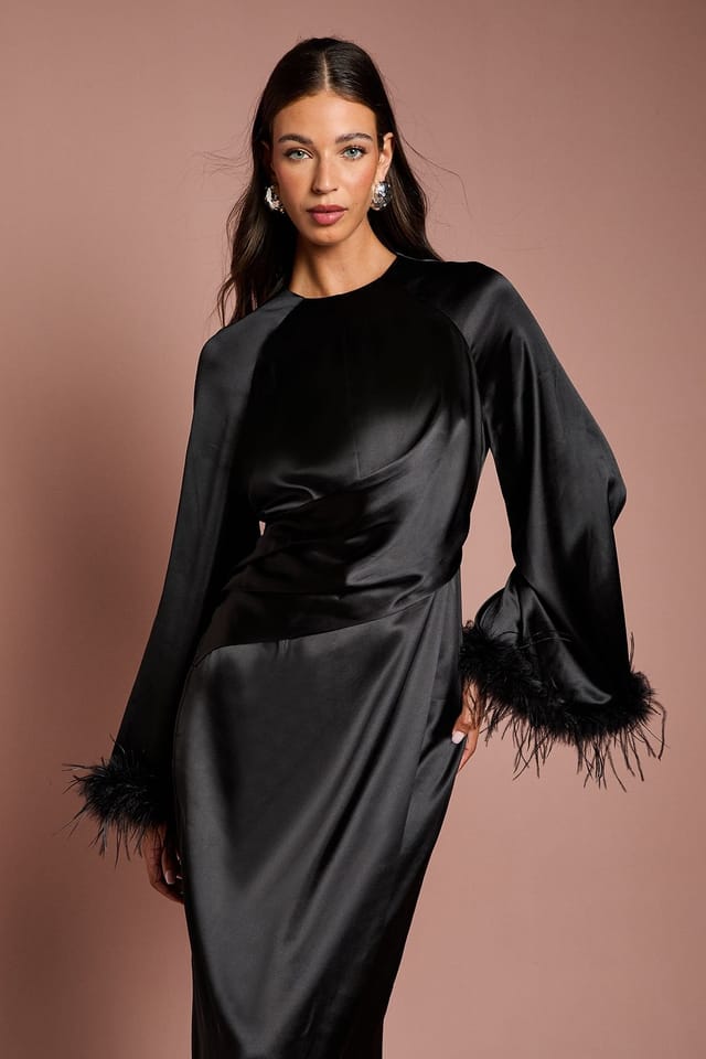 Coast Coast Women's Feather Trim Satin Maxi Dress in Black - 2
