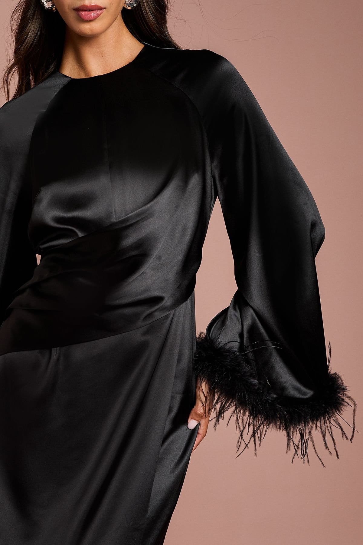 Coast Coast Women's Feather Trim Satin Maxi Dress in Black - 4