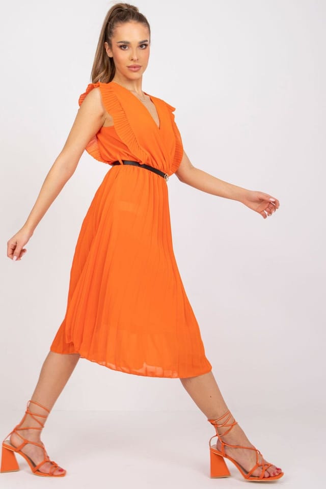Love Lace Love Lace Women's Pleated Summer Dress With Heart Neckline in Orange - 2