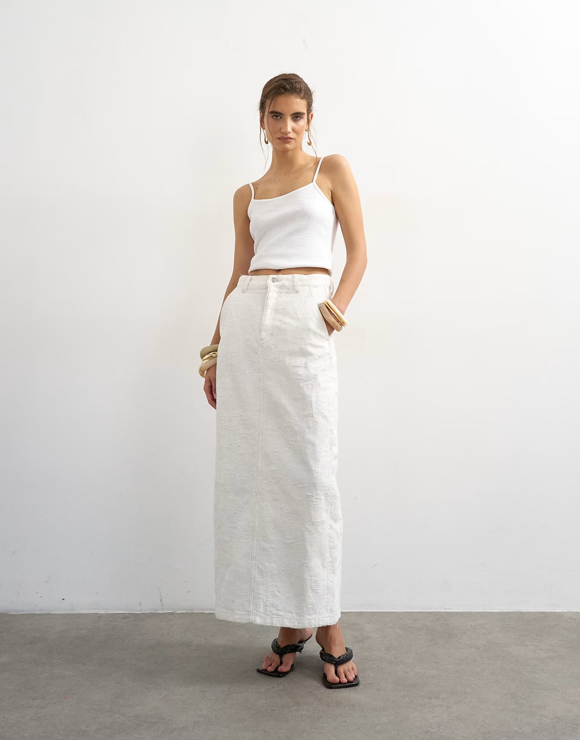 ASOS Topshop denim column maxi skirt in distressed ecru