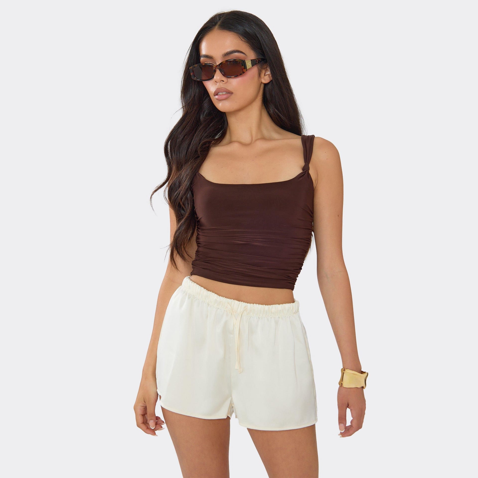 EGO Cream Satin Low Rise Drawstring Waist Mini Shorts