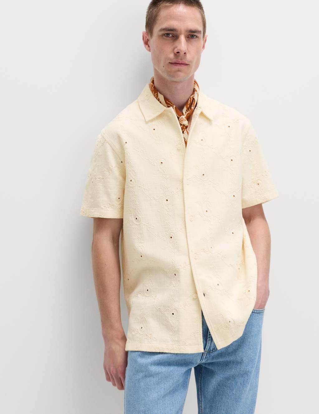 Marks & Spencer M&S Pure Cotton Embroidered Short Sleeve Shirt Ecru