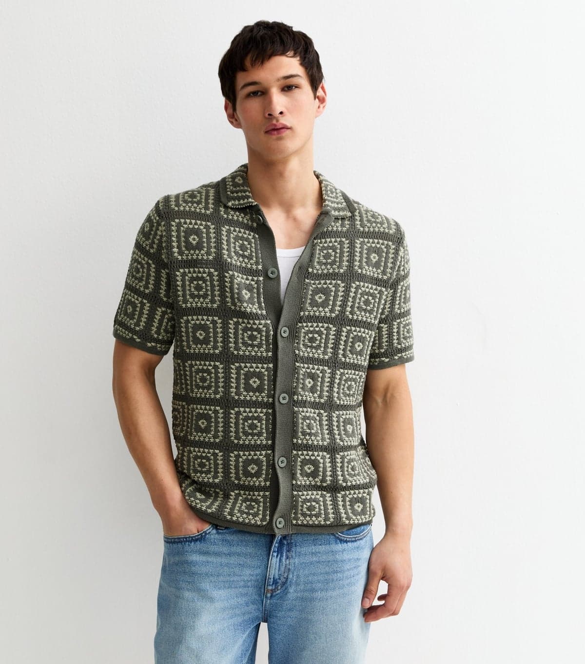 Only and Sons Men's Light Khaki Crochet Knit Relaxed Shirt Only and Sons New Look