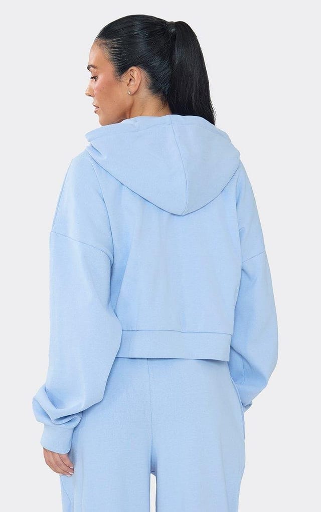 EGO Long Sleeve Boxy Hoodie In Blue Ribbed, Women's Size UK 6 - 2