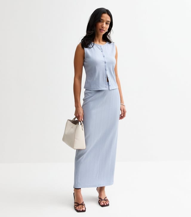 New Look Women's Petite Light Blue Ribbed Midi Skirt New Look - 2