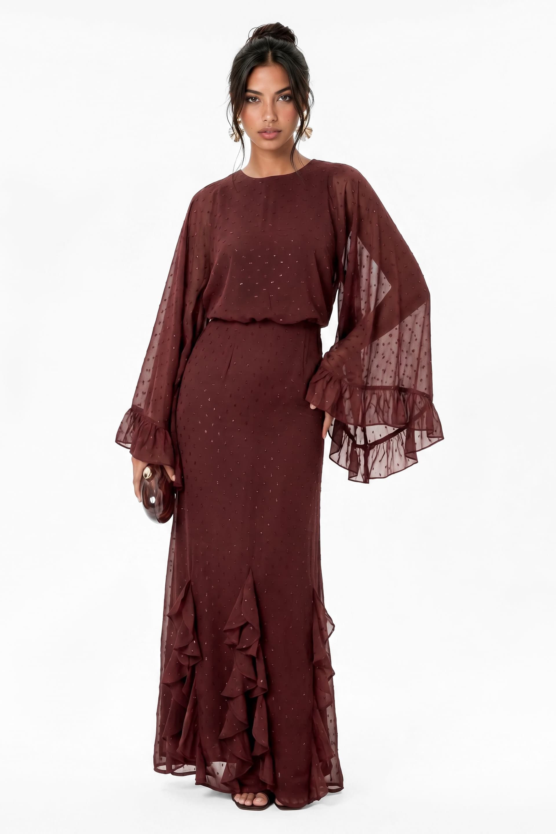 Anaya with Love Anaya with Love Women's Meatllic Thread Oversized Ruffle Sleeve Maxi Dress in Brown