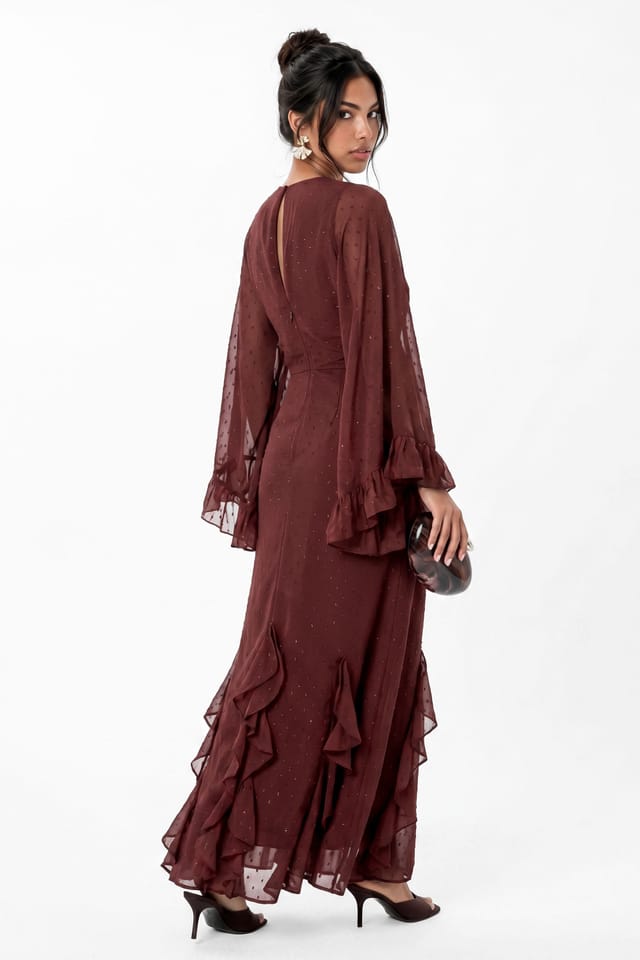 Anaya with Love Anaya with Love Women's Meatllic Thread Oversized Ruffle Sleeve Maxi Dress in Brown - 2
