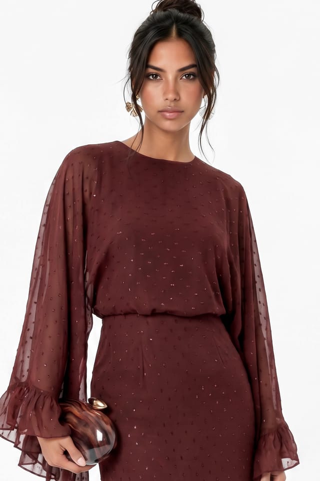 Anaya with Love Anaya with Love Women's Meatllic Thread Oversized Ruffle Sleeve Maxi Dress in Brown - 3