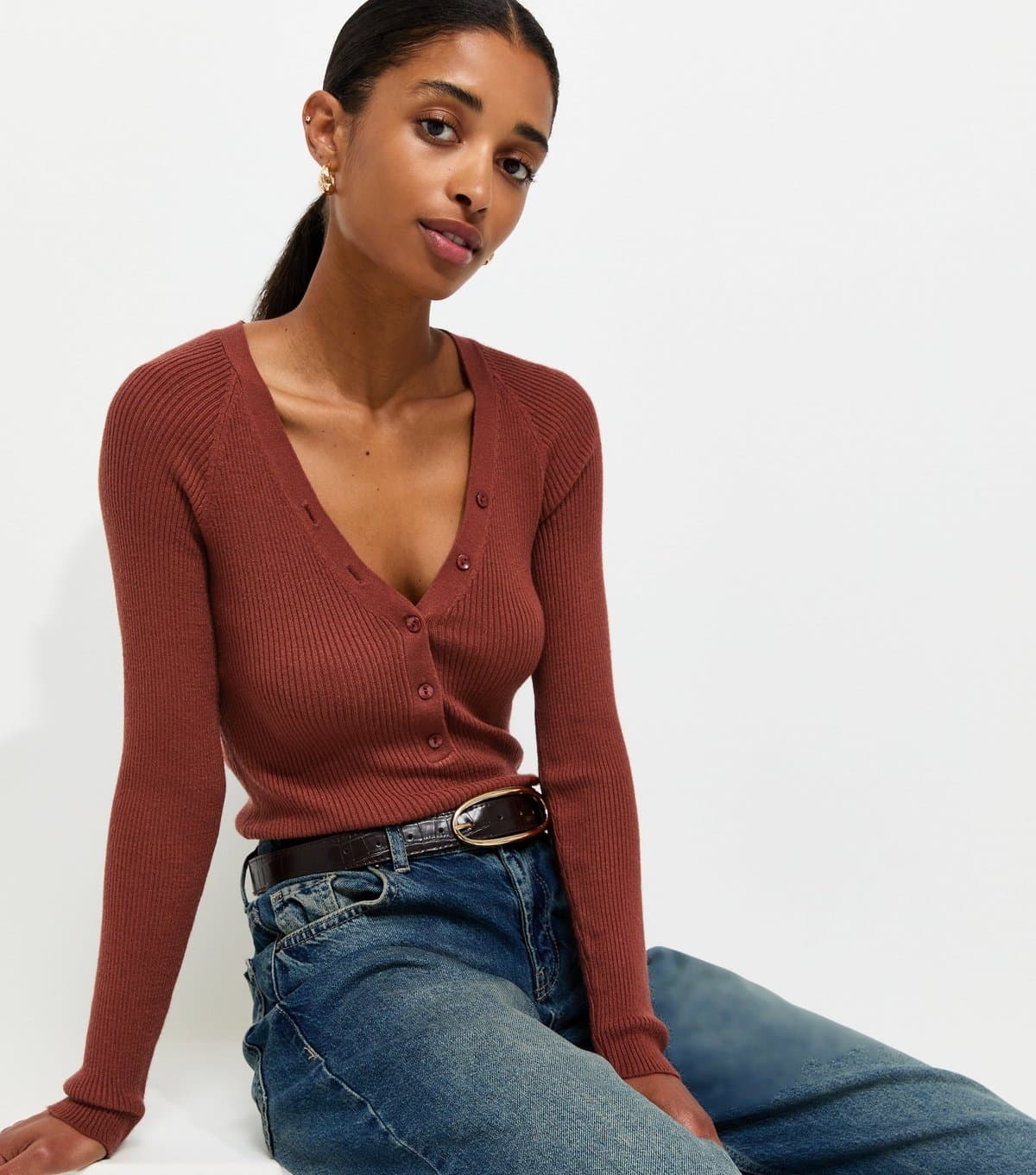New Look Women's Rust Ribbed Knit Lightweight Henley Top New Look