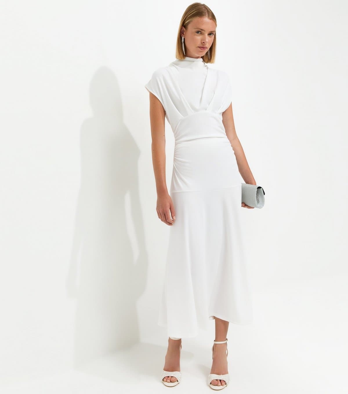 New Look Women's Cream High Neck Ruched Waist Midi Dress New Look