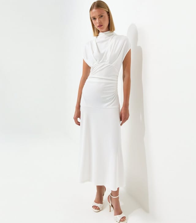 New Look Women's Cream High Neck Ruched Waist Midi Dress New Look - 3