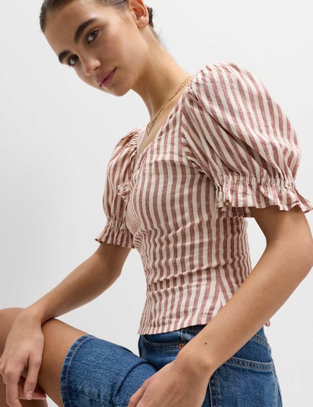 Marks & Spencer M&S Linen Rich Printed Sweetheart Neck Top Brown Mix