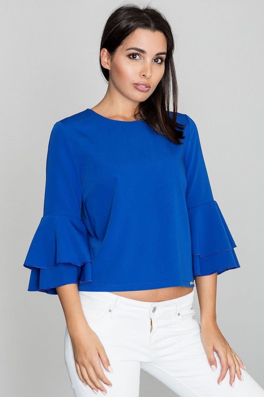 Love Lace Love Lace Women's Short Front Blouse With Back Button Detail in Blue