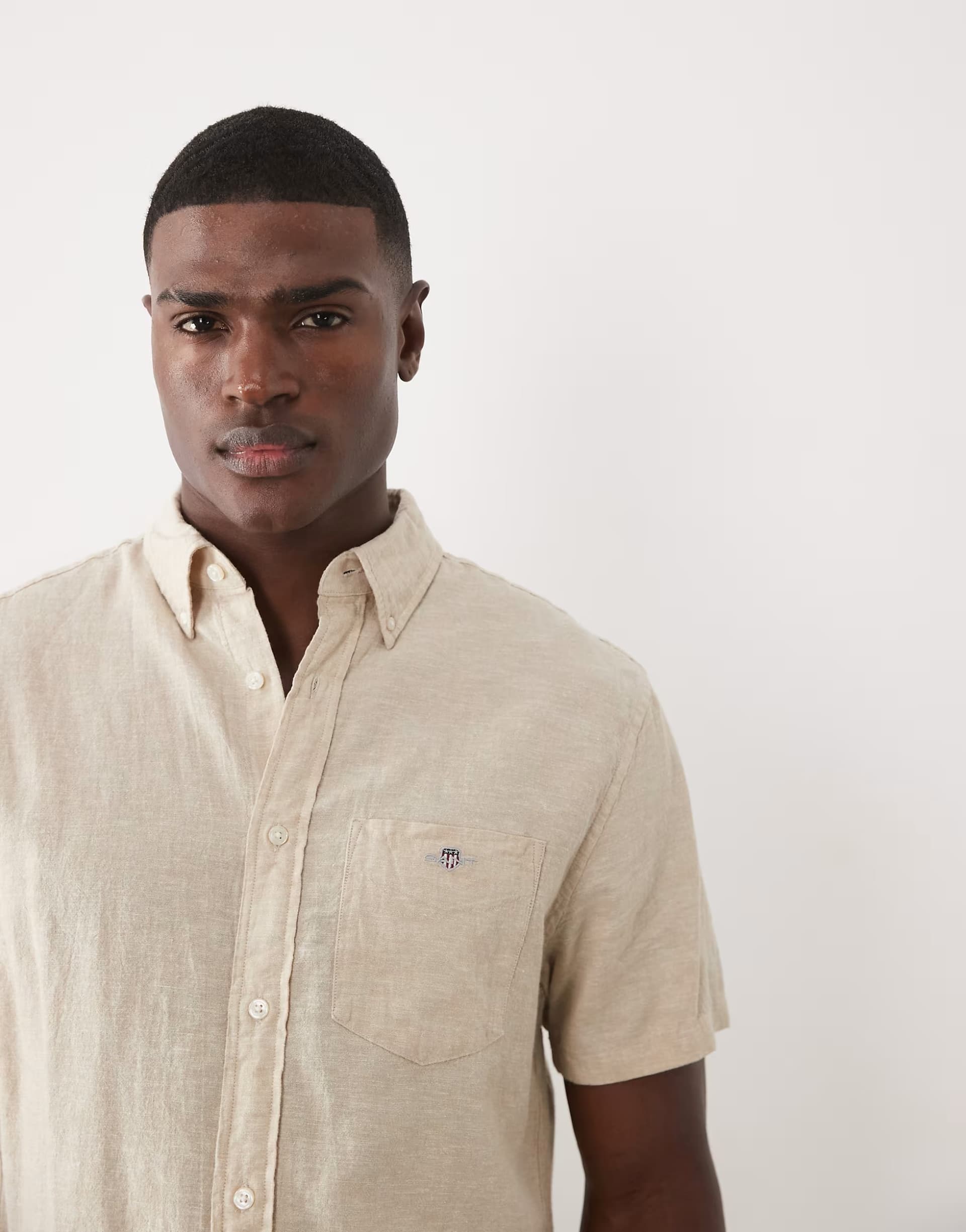 ASOS GANT shield logo short sleeve linen cotton shirt in beige