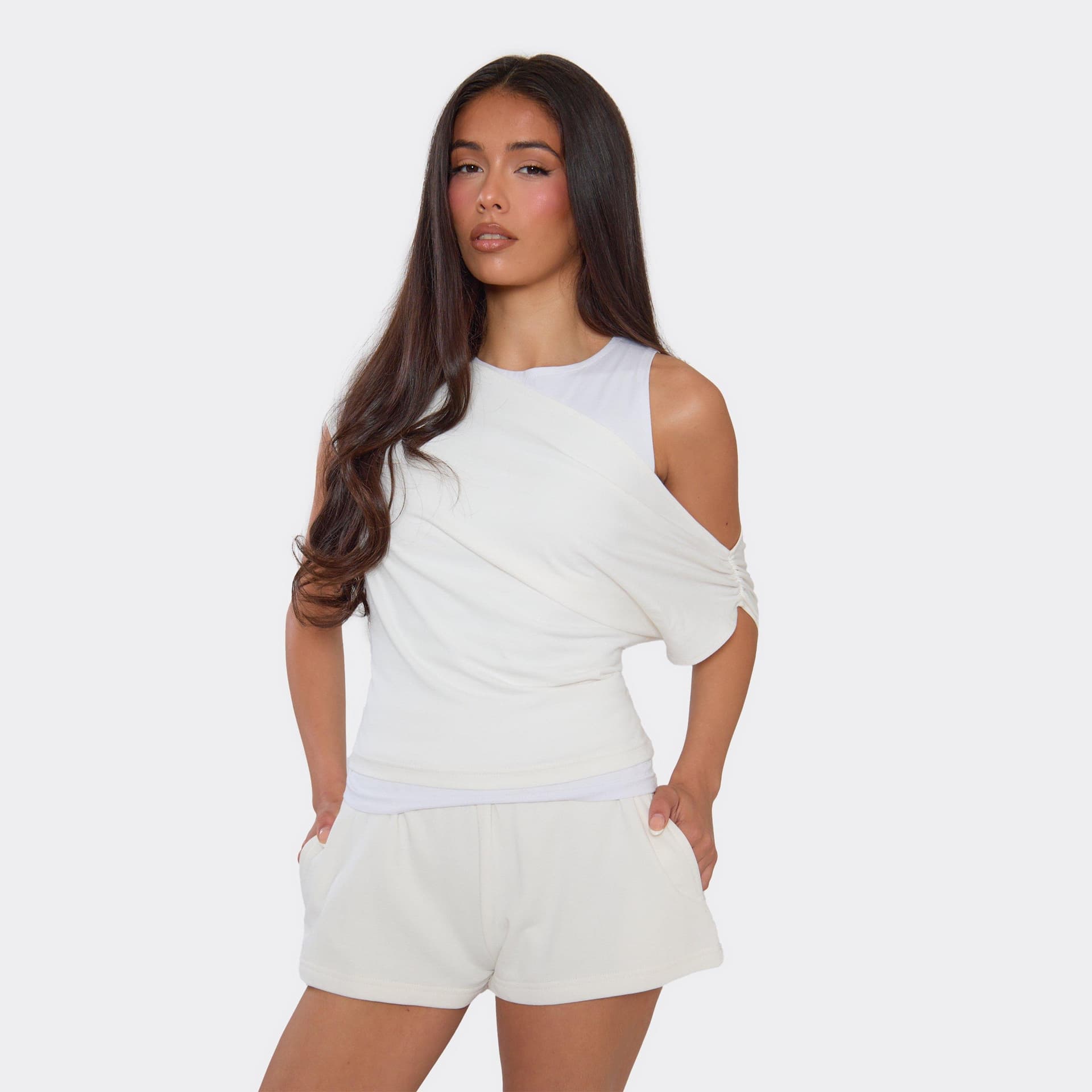 EGO Asymmetric Double Layer Ruched Top In Cream, Women's Size UK 6