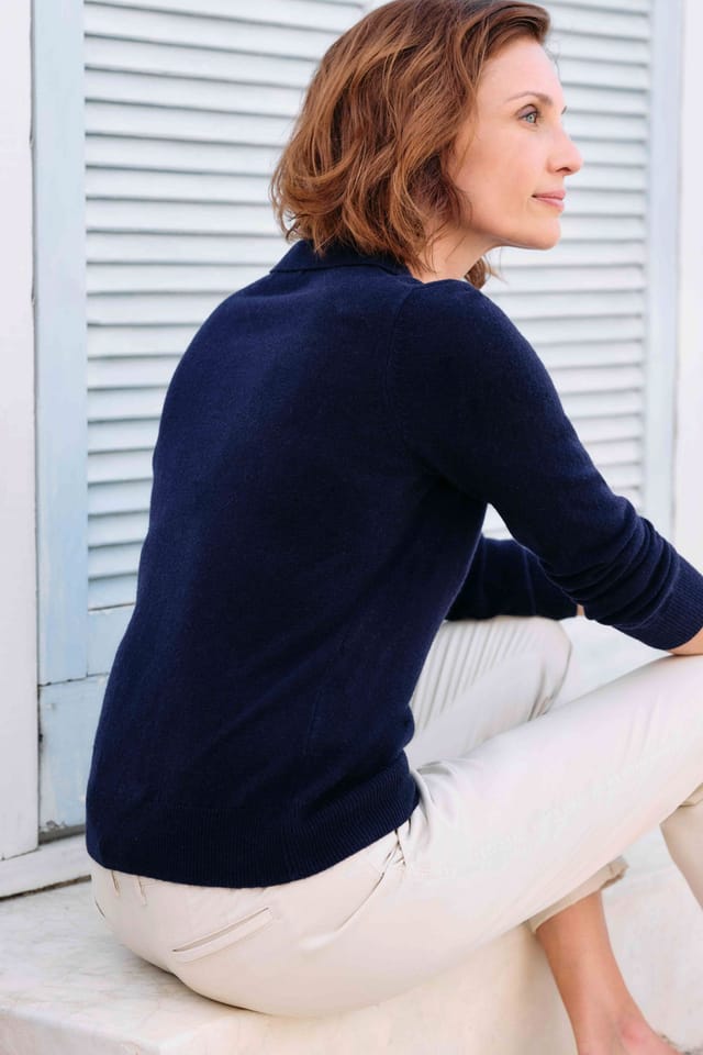 WoolOvers WoolOvers Women's Cashmere & Merino Knitted Polo Shirt in Dark Navy - 3