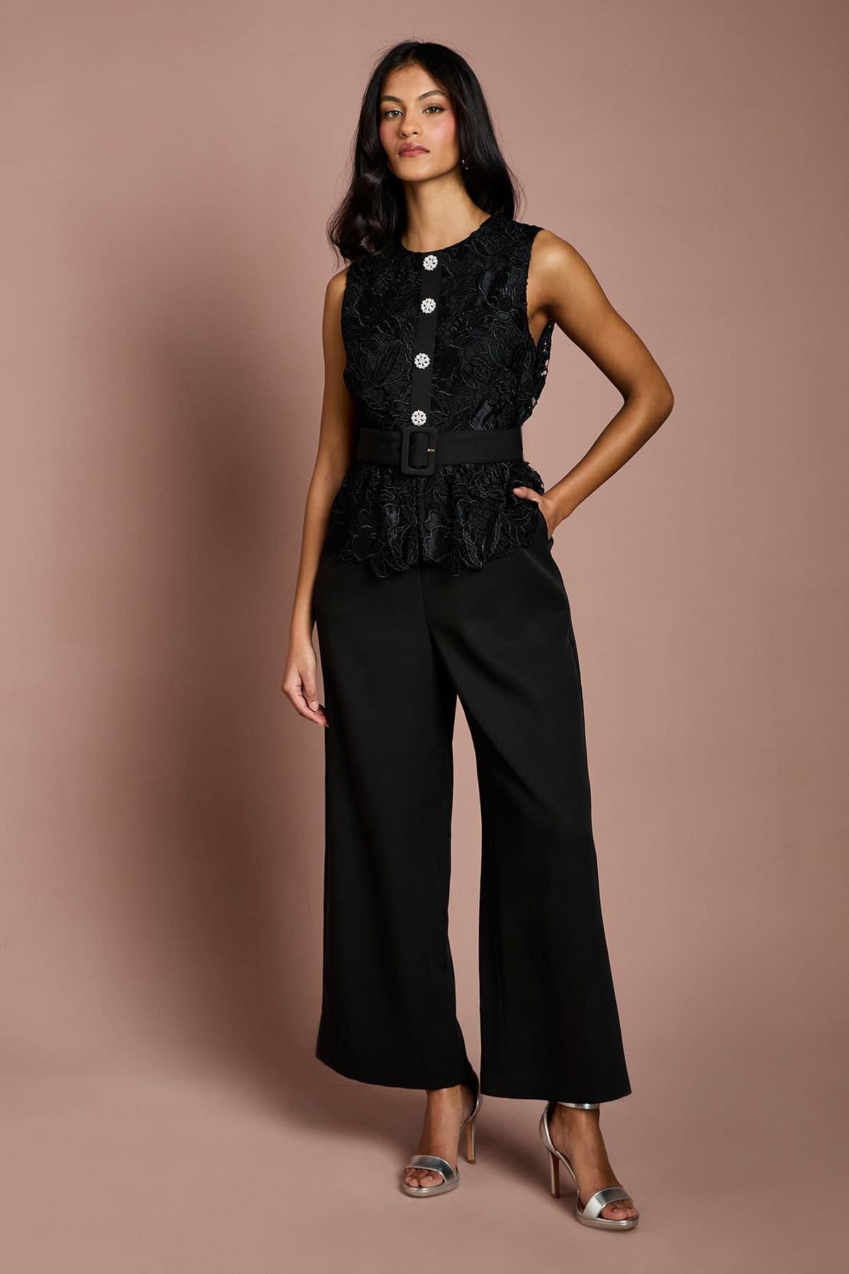 Coast Coast Women's Petite Lace Bodice Crepe Trouser Belted Jumpsuit in Black