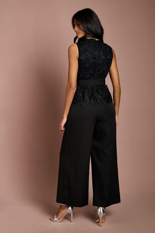 Coast Coast Women's Petite Lace Bodice Crepe Trouser Belted Jumpsuit in Black - 3