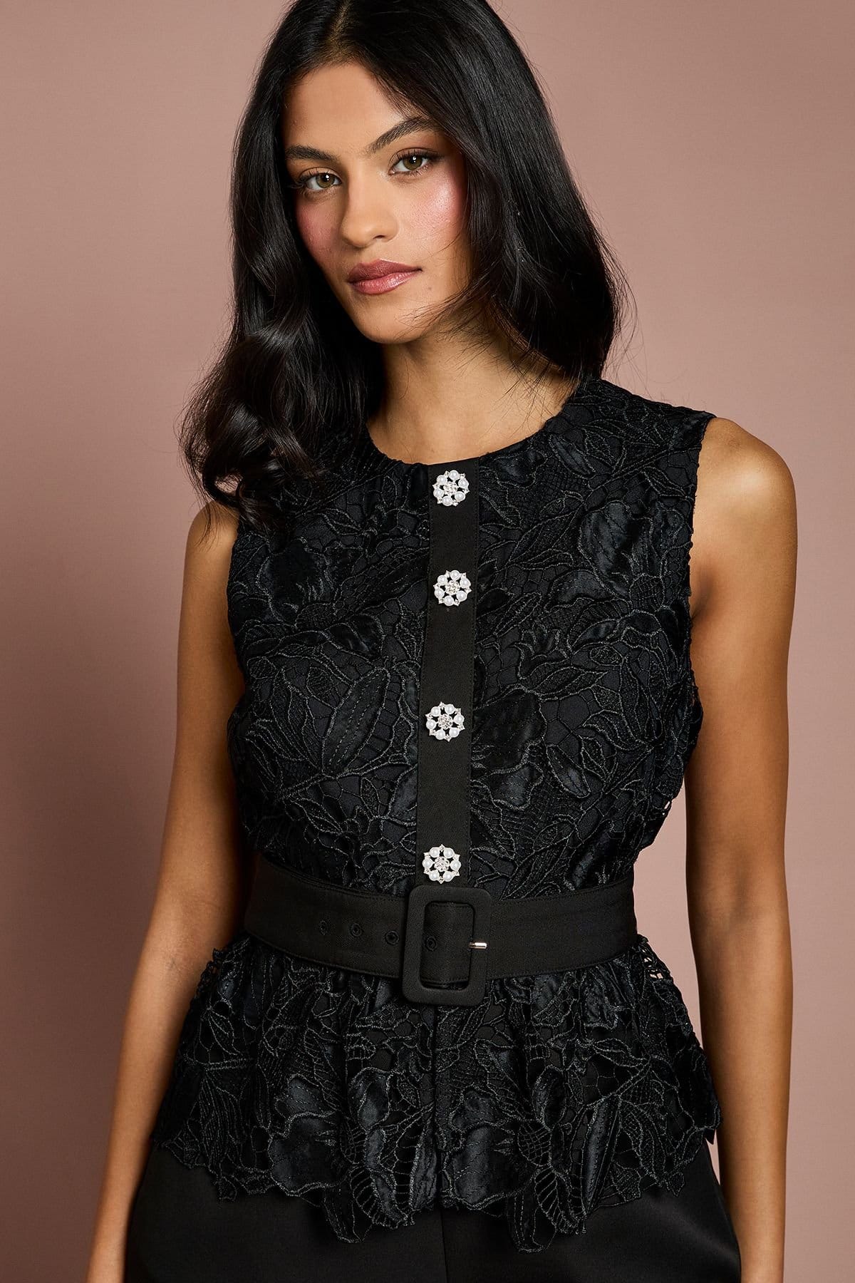 Coast Coast Women's Petite Lace Bodice Crepe Trouser Belted Jumpsuit in Black - 4