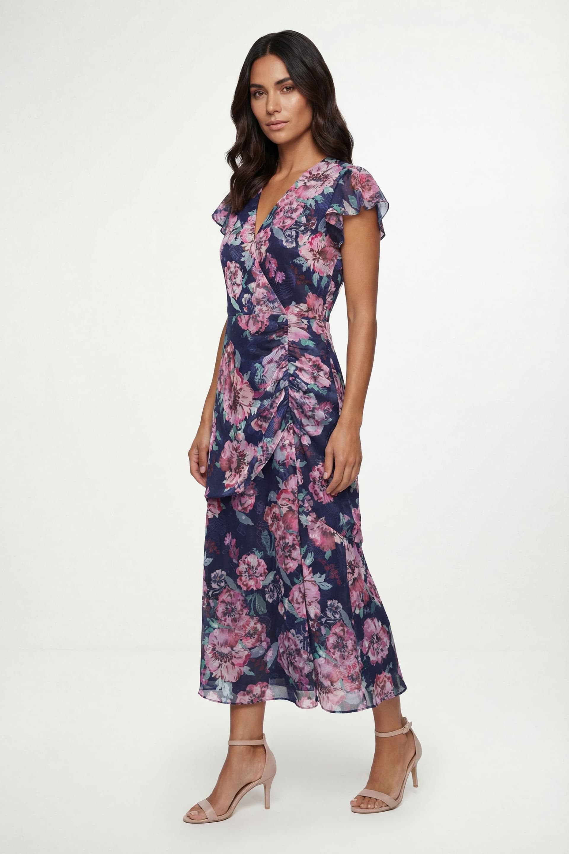 Wallis Wallis Women's Floral Burn Out Cape Midi Dress in Navy