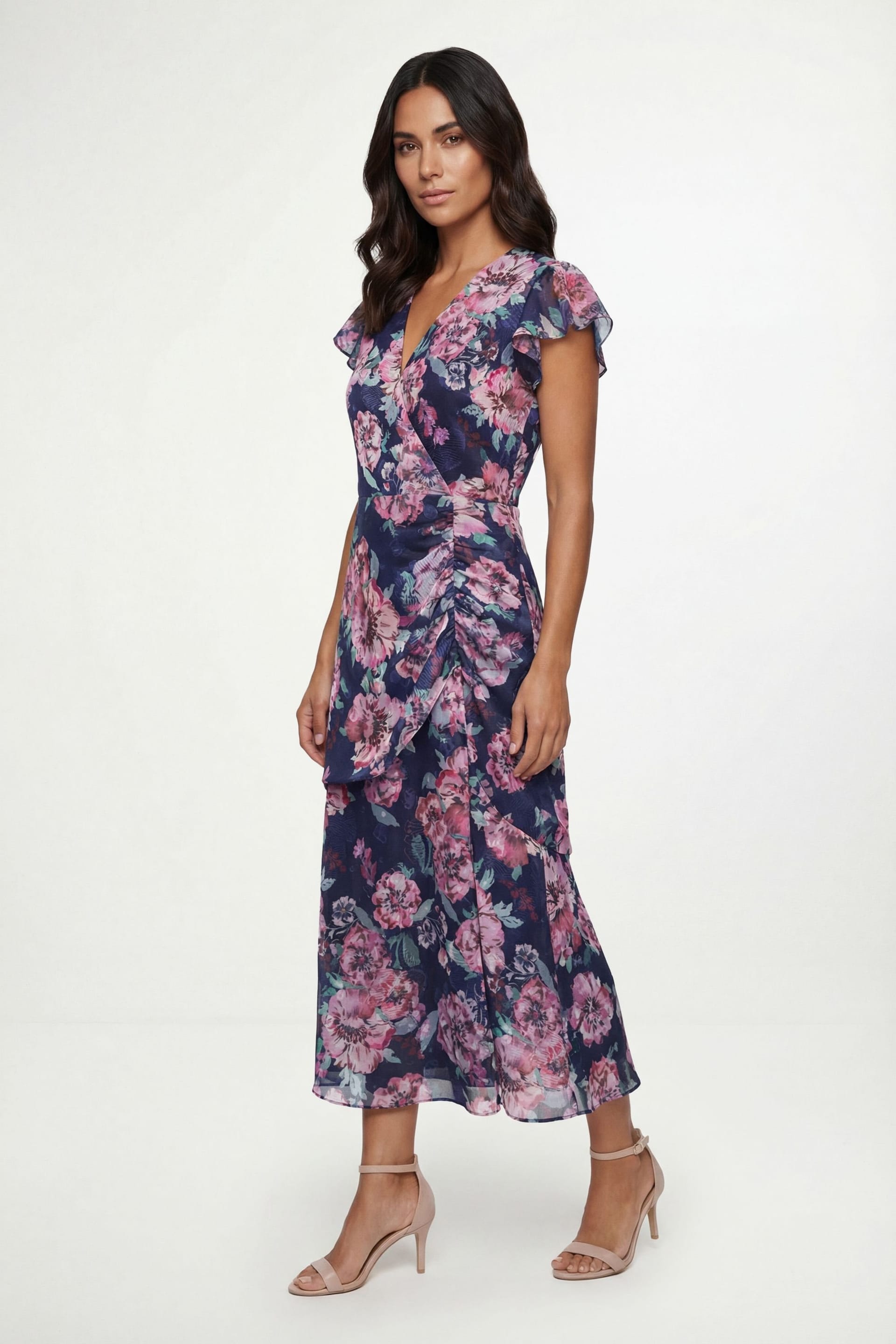 Wallis Women's Floral Burn Out Cape Midi Dress in Navy