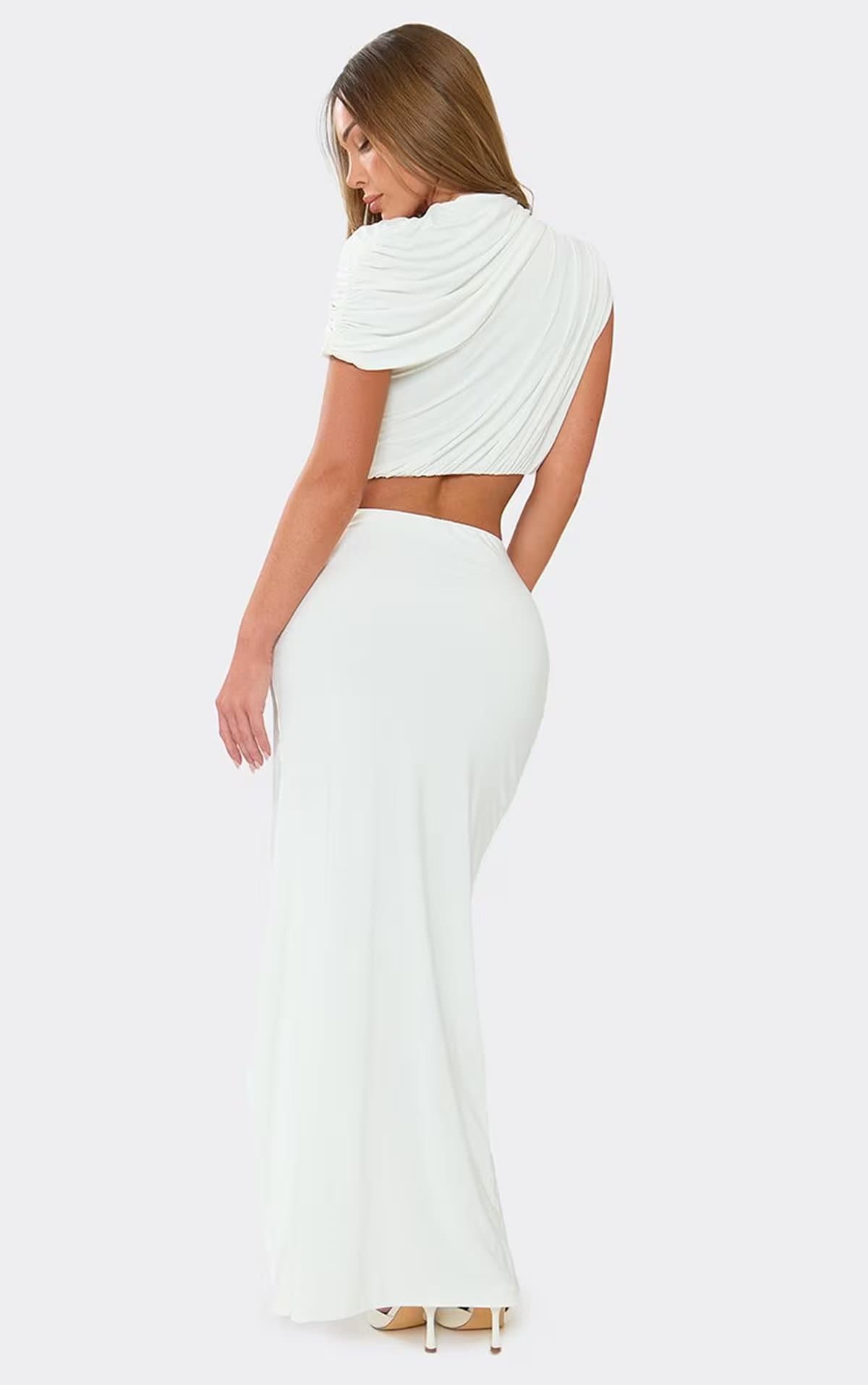 EGO Mid Rise Ruched Drape Detail Split Leg Maxi Skirt In Ivory, Women's Size UK 6