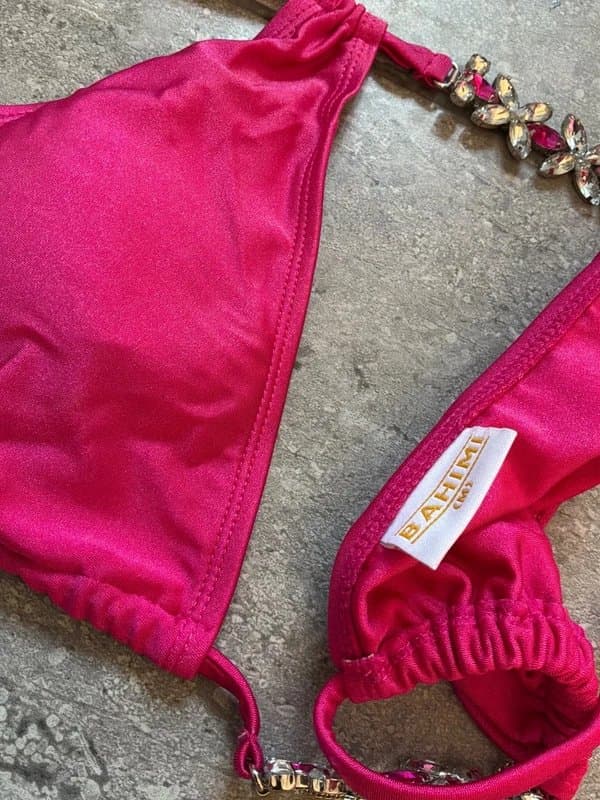 Bahimi Bahimi bright pink satin bikini swimwear diamonte jewelled detail top size M