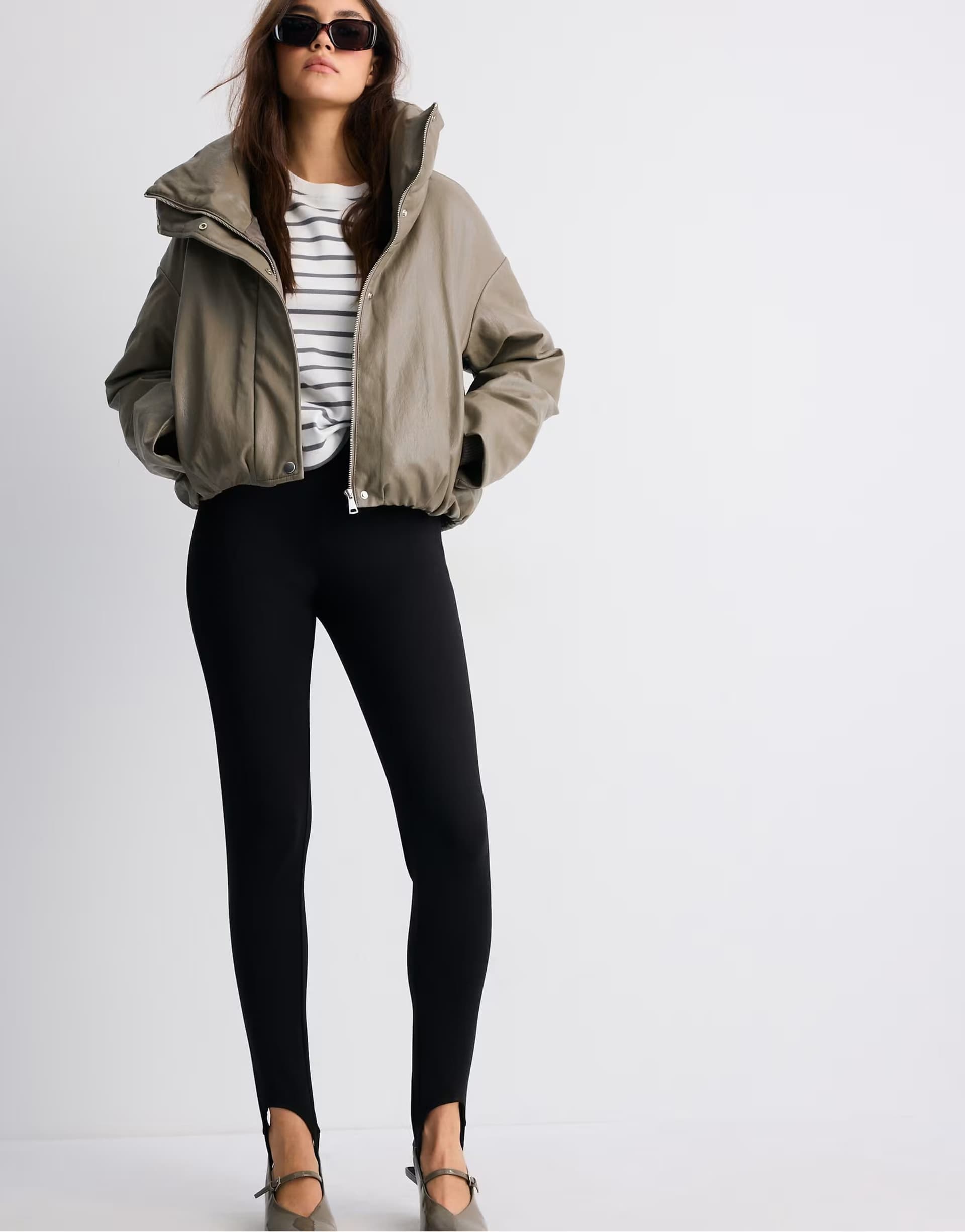 ASOS Stradivarius Leather effect high neck puffer jacket in grey