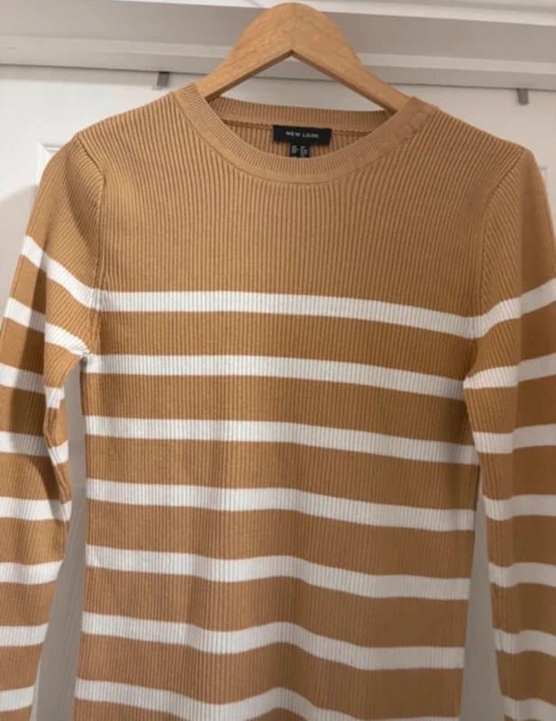 New Look Spring Women's New Look Fitted Stripy Ribbed Camel Brown Mix Knitted Sweater Jumper Top size 12