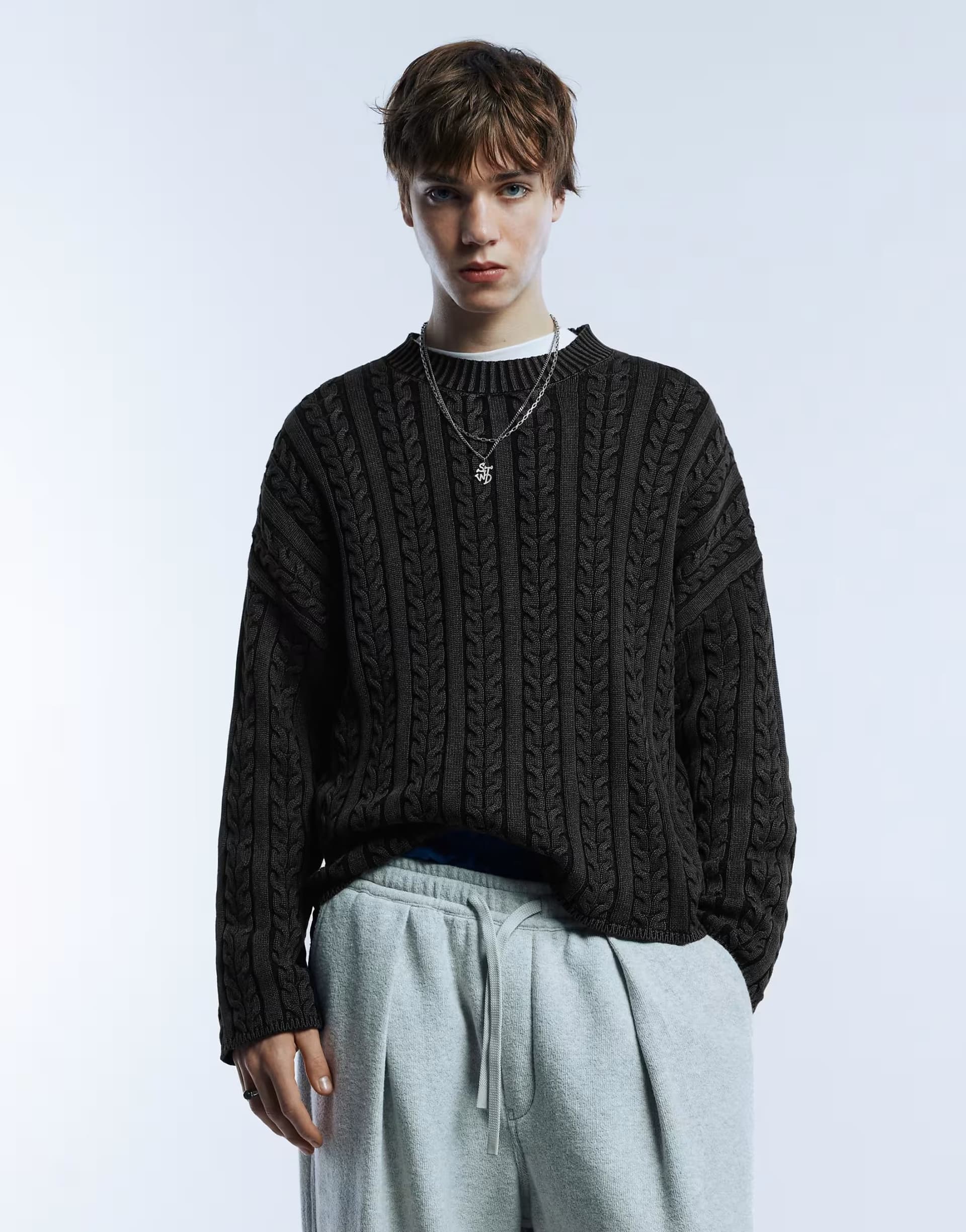 ASOS Pull&Bear Acid wash cable-knit sweater in faded black