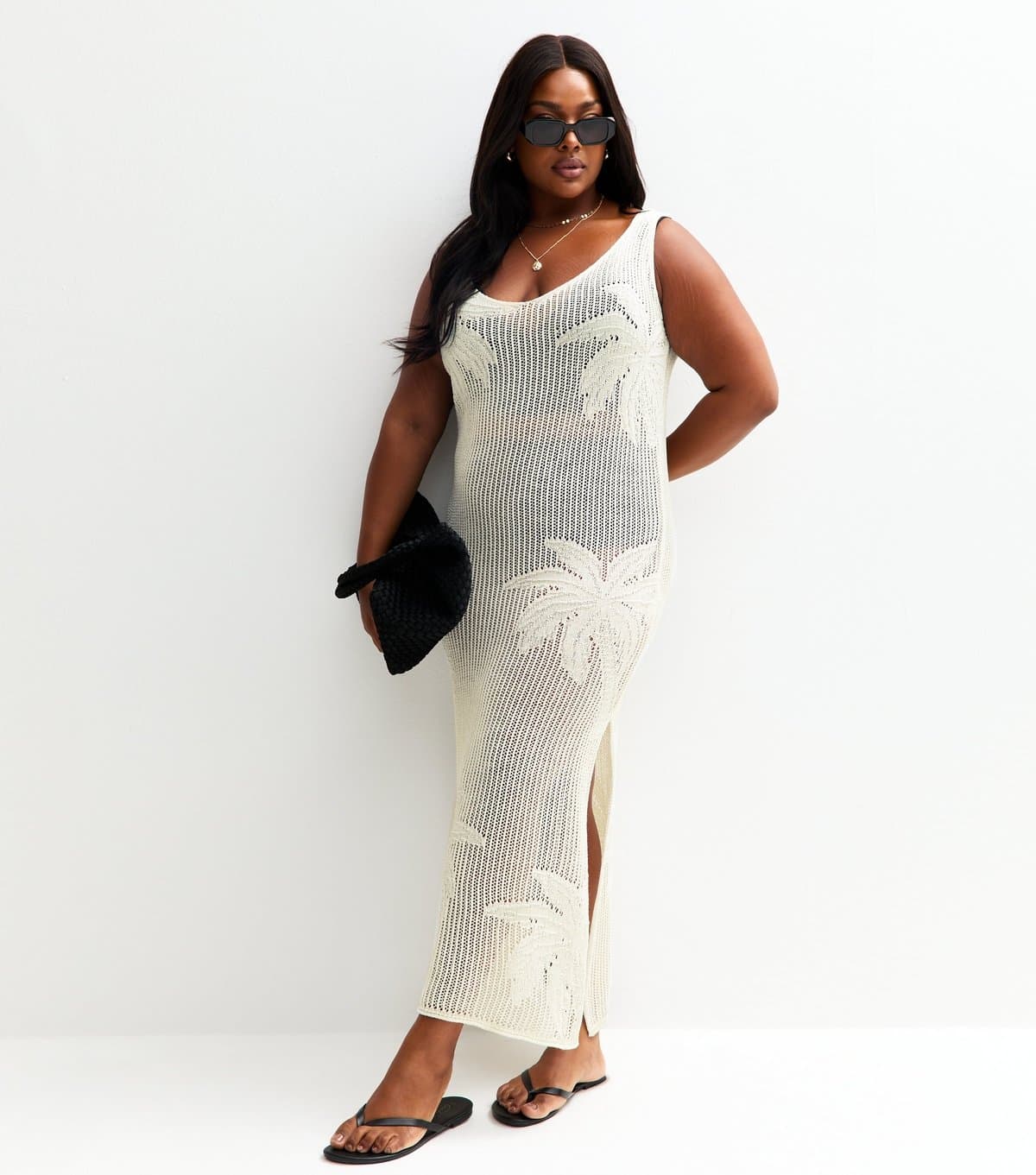 New Look Women's Plus Size Cream Palm Design Beach Maxi Dress Curves New Look