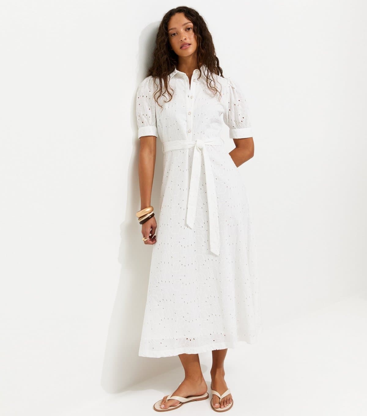 New Look Women's White Broderie Shirt Midi Dress New Look
